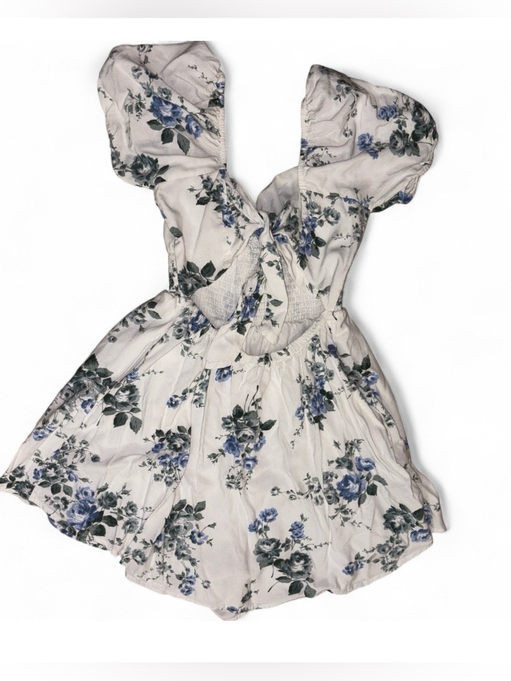 Hollister White Mini Dress(has shorts underneath) with Blue Rose Print